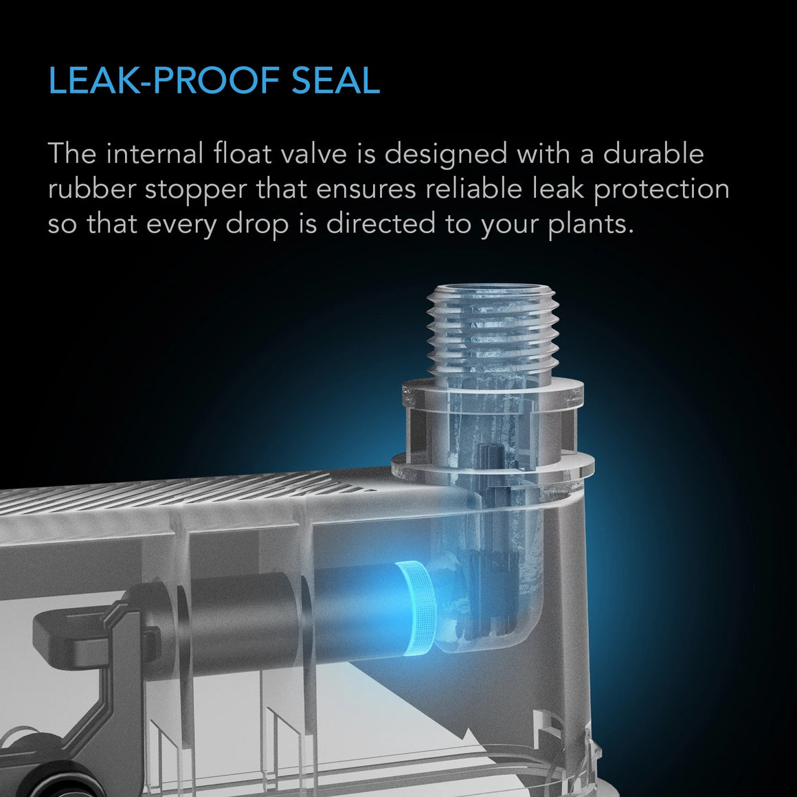ACInfinity auto-fill valve with blue glowing seal, showcasing leak-proof technology.