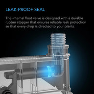 ACInfinity auto-fill valve with blue glowing seal, showcasing leak-proof technology.