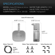AC Infinity Auto-Fill Valves specs, 4 valves, 15ft tube, gravity-fed, transparent.