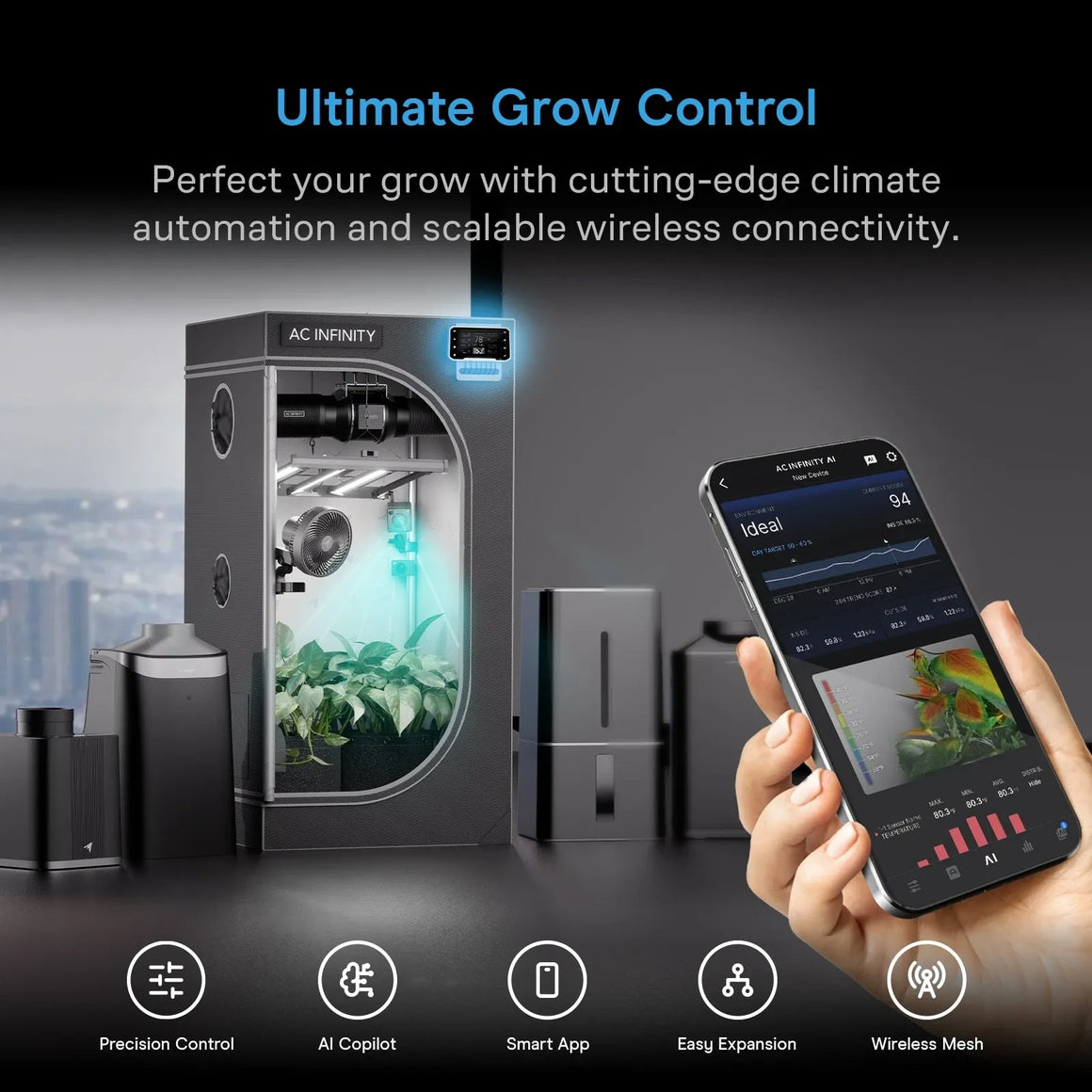 AC Infinity controller displays environmental data on phone and tent. Features precision control, AI copilot, smart app, expansion, and wireless mesh.