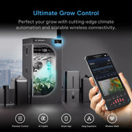 AC Infinity controller displays environmental data on phone and tent. Features precision control, AI copilot, smart app, expansion, and wireless mesh.