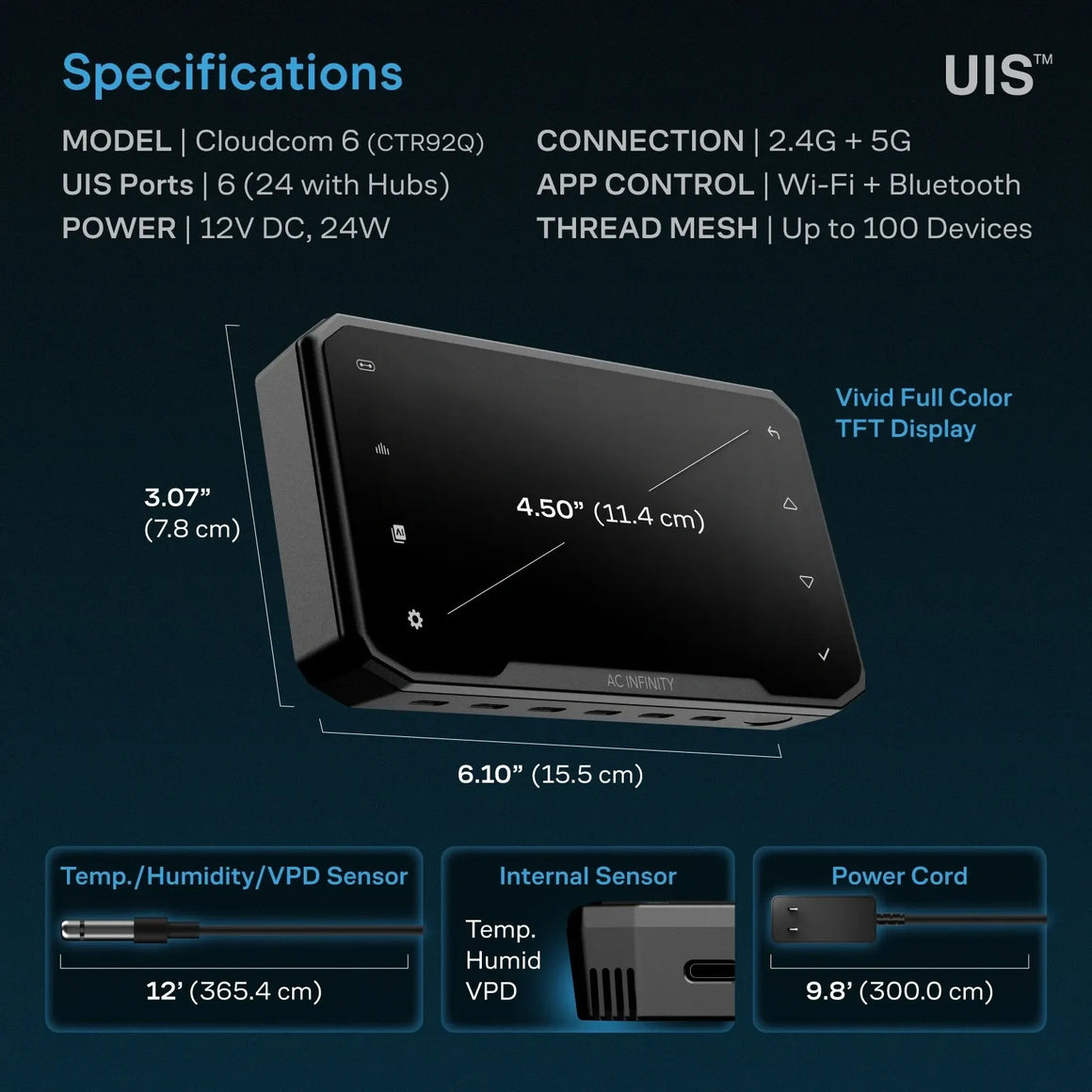 AC Infinity Cloudcom 6 Environmental Controller: Vivid display, multiple sensors, Wi-Fi/Bluetooth/Thread Mesh.