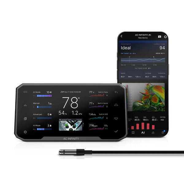 AC Infinity environmental controller and phone displaying ideal conditions.