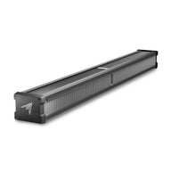 A black, elongated LED grow light bar with a textured surface, fins, and a prominent logo on the end.