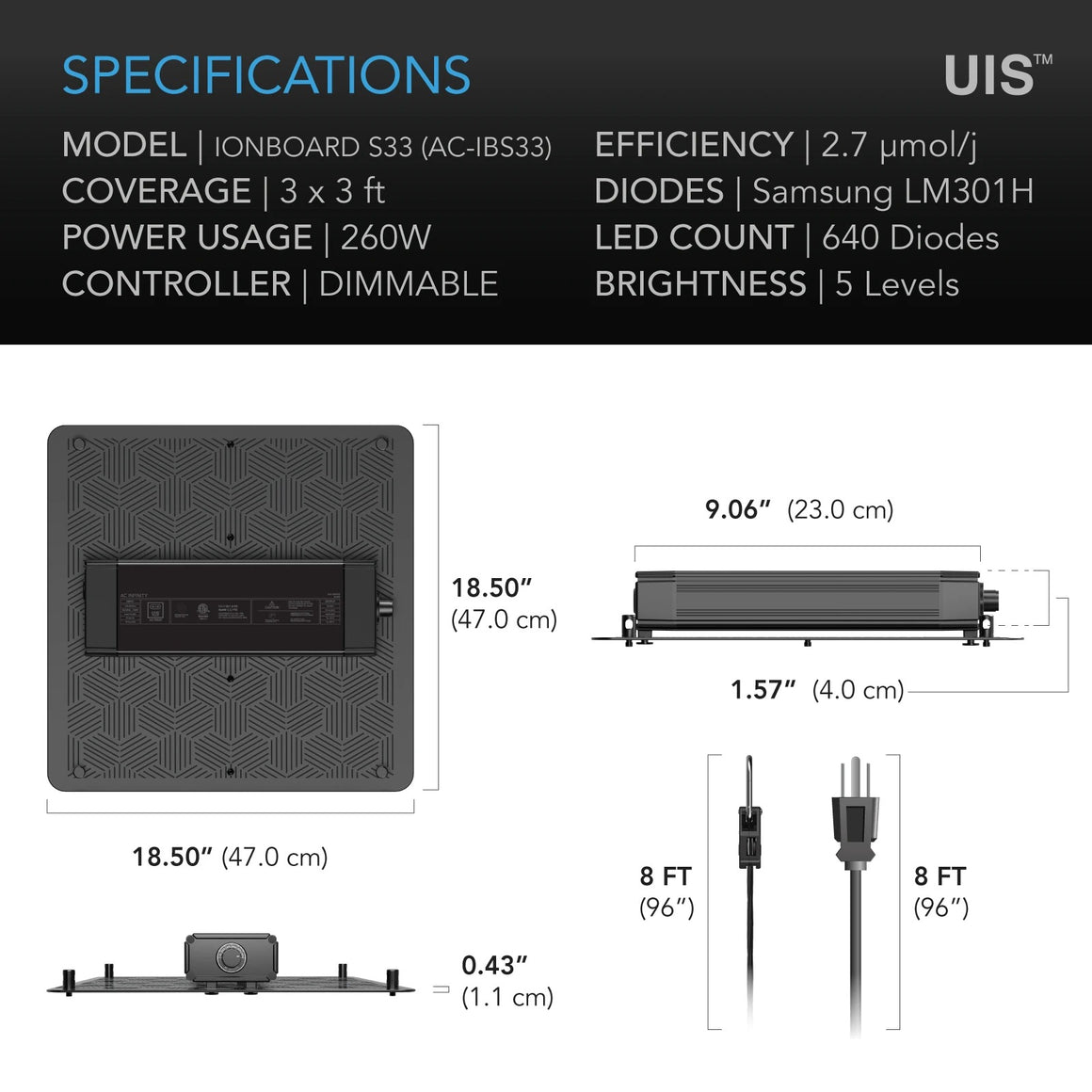 UIS Ionboard S33 LED grow light specs & dimensions: 18.5" square, 9.06" wide, 1.57" thick.