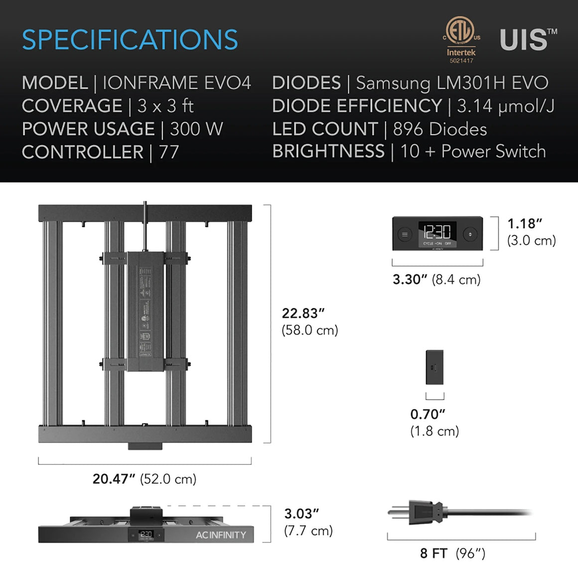 AC Infinity Ionframe EVO 4 LED grow light specs and dimensions, including the light fixture, controller, and power cord.