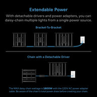 AC Infinity Ionprime 8 LED grow light diagram showing bracket-to-bracket and detachable driver daisy-chaining power options.