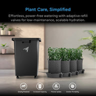AC Infinity self-watering system with 4 pots, reservoir, and plant watering icons.