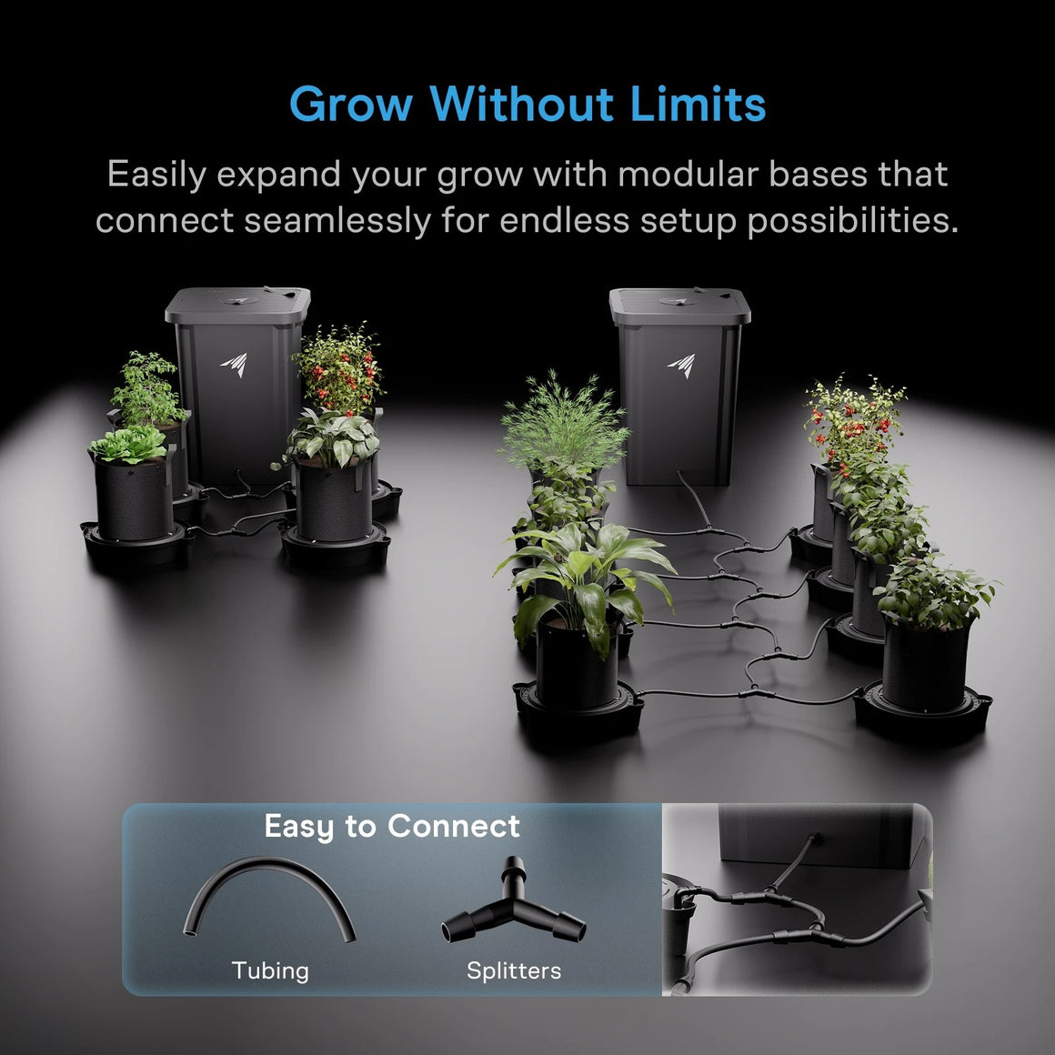 Modular self-watering system for plants, connecting multiple pots with tubing and splitters to reservoirs.