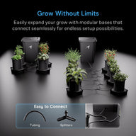 Modular self-watering system for plants, connecting multiple pots with tubing and splitters to reservoirs.