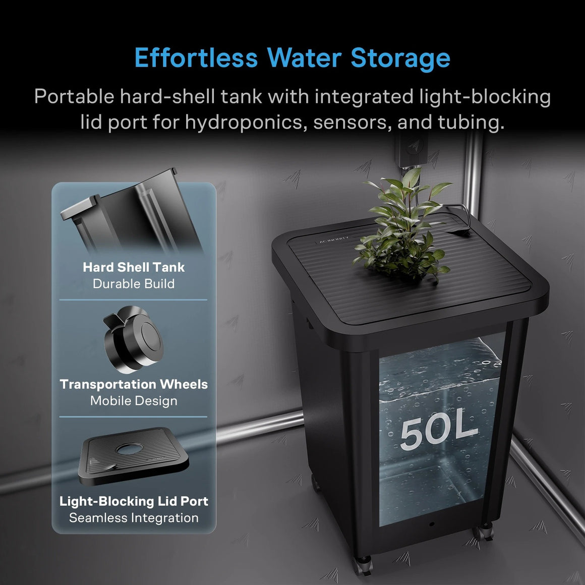 Black 50L water tank with a plant on top, featuring a clear side panel and transport wheels.