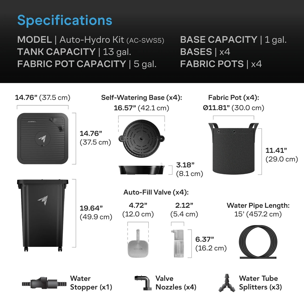 AC Infinity auto-hydro kit specs & components: 13-gal tank, 4 fabric pots, auto-fill valves, water pipe.