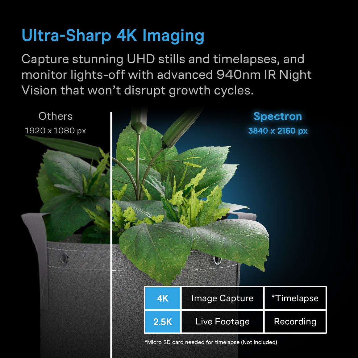 Spectron 3 camera shows 4K vs. 1080p with plants. Features include Image Capture, Timelapse, Live Footage, Recording.