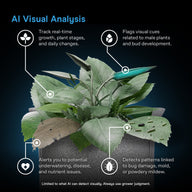 AI visual analysis of a plant, showing growth tracking, male plant identification, and pest detection.