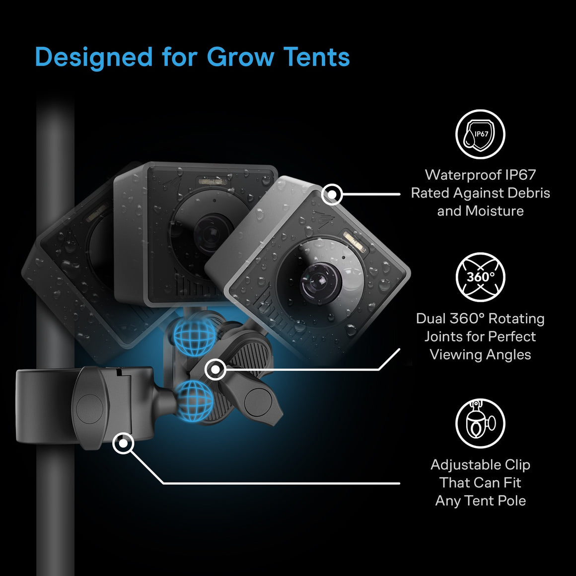Waterproof IP67 grow camera with 360° joints and adjustable clip for tent poles.