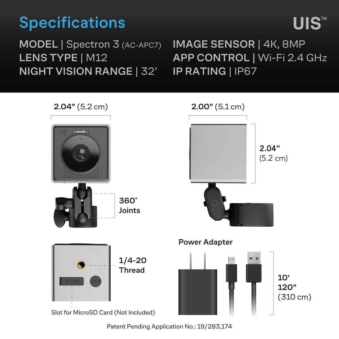 UIS Spectron 3 camera specs: 4K 8MP, M12 lens, Wi-Fi, IP67. Compact design.