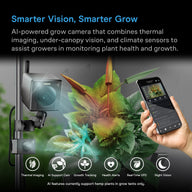 An AI-powered grow camera monitors plant health and growth, with thermal imaging, under-canopy vision, and climate sensors displayed on a phone.