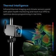 Infrared thermal camera monitors plant health with temperature readings.