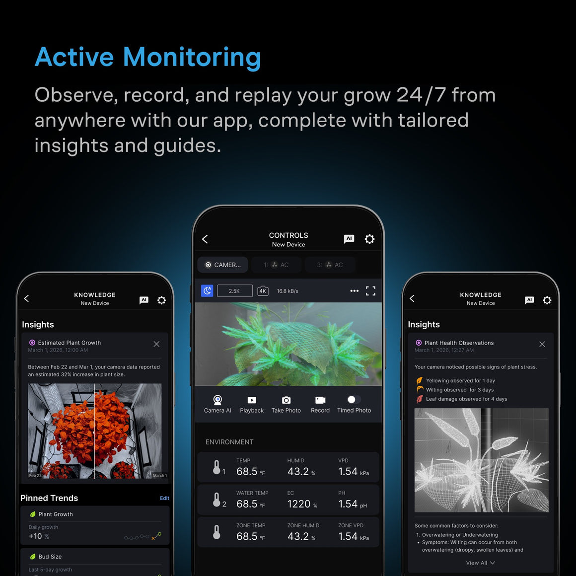 Three phone screens display an app for plant monitoring with plant growth data, environment readings, and health observations.