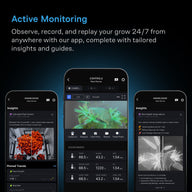 Three phone screens display an app for plant monitoring with plant growth data, environment readings, and health observations.
