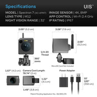 UIS Spectron 7 4K security camera specs: M12 lens, Wi-Fi, night vision, 32ft range. Includes power adapter.