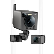 Black cube-shaped smart camera with lens, light, and antenna, mounted on bracket.