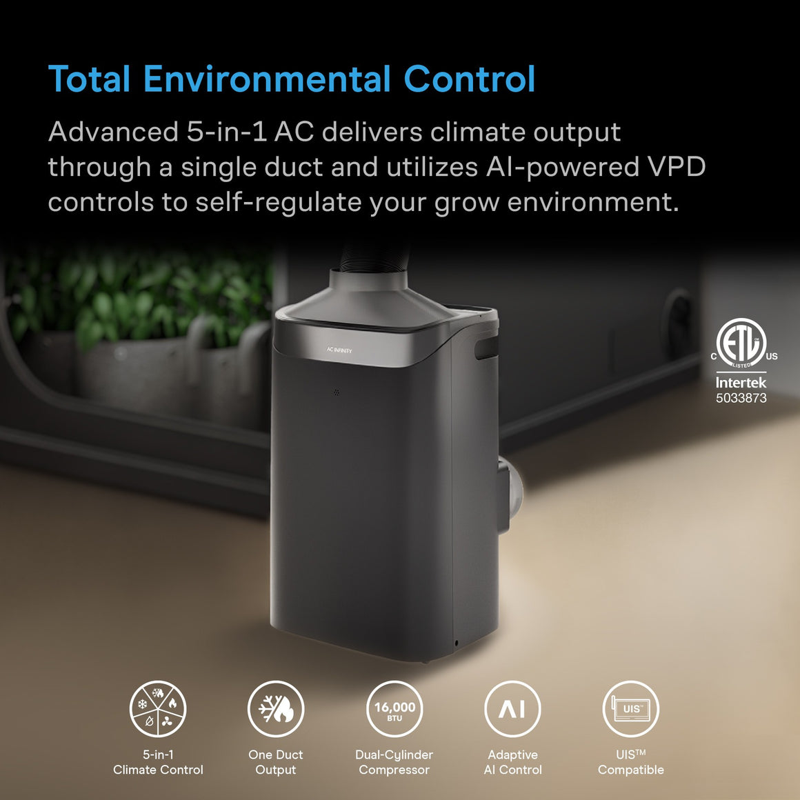 AC Infinity Terraform 12 air conditioner with 5-in-1 climate control, AI powered VPD.