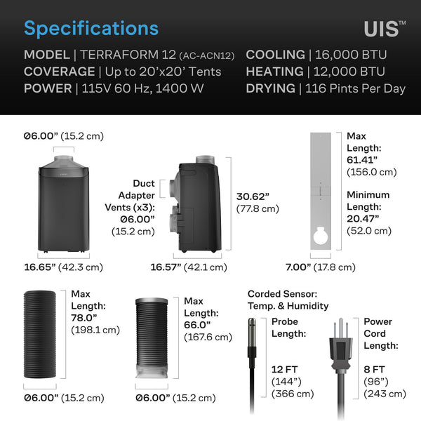 UIS TerraForm 12 AC unit specs: 16,000 BTU cooling, 12,000 BTU heating, 116 pints/day drying. Dimensions shown.