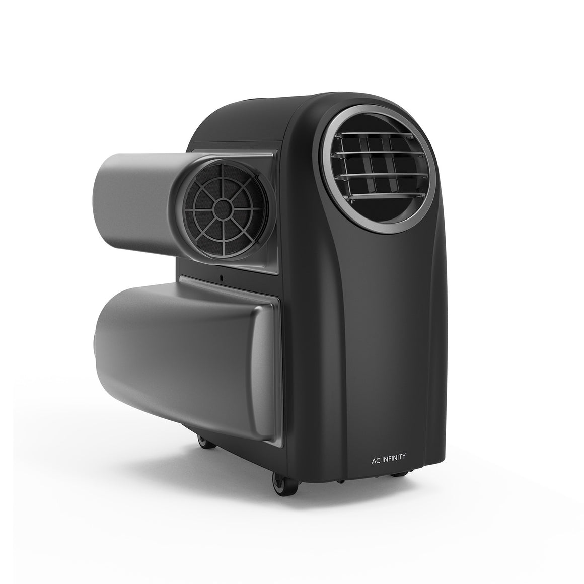 Black portable AC unit with silver accents and dual vents on a white background.
