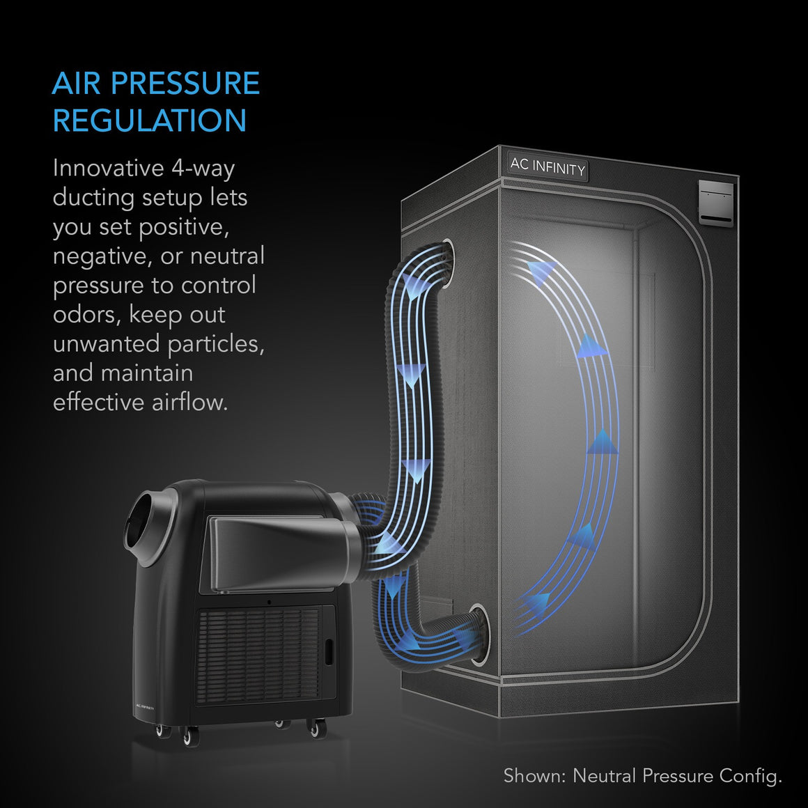 Black AC Infinity air conditioner unit connected to a grow tent, illustrating air pressure regulation.