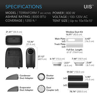 AC Infinity Terraform 7 portable AC unit with dimensions, duct kits, adapters, and hoses.