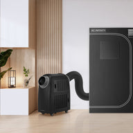 Black AC Infinity portable air conditioner with exhaust hose attached, beside a black AC Infinity unit.