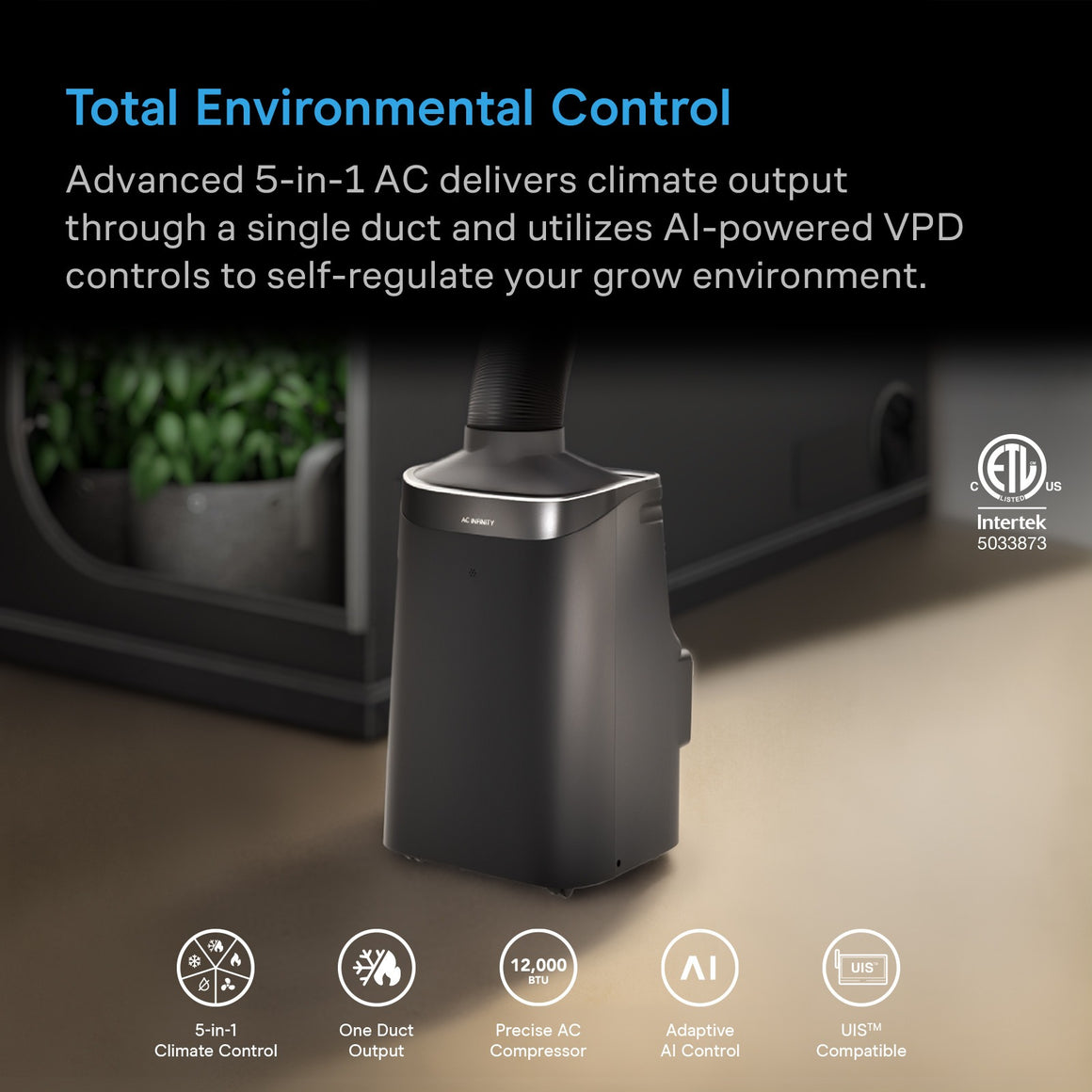 AC Infinity Terraform 8 Air Conditioner with AI control, 12,000 BTU, 5-in-1 climate control, ETL listed.