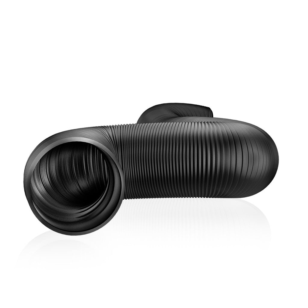 Black flexible, ribbed ventilation hose on a white background, reflecting light.