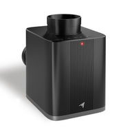 Sleek black AC Infinity Thermoforge S7 air conditioner with a cylindrical vent and LED indicator.