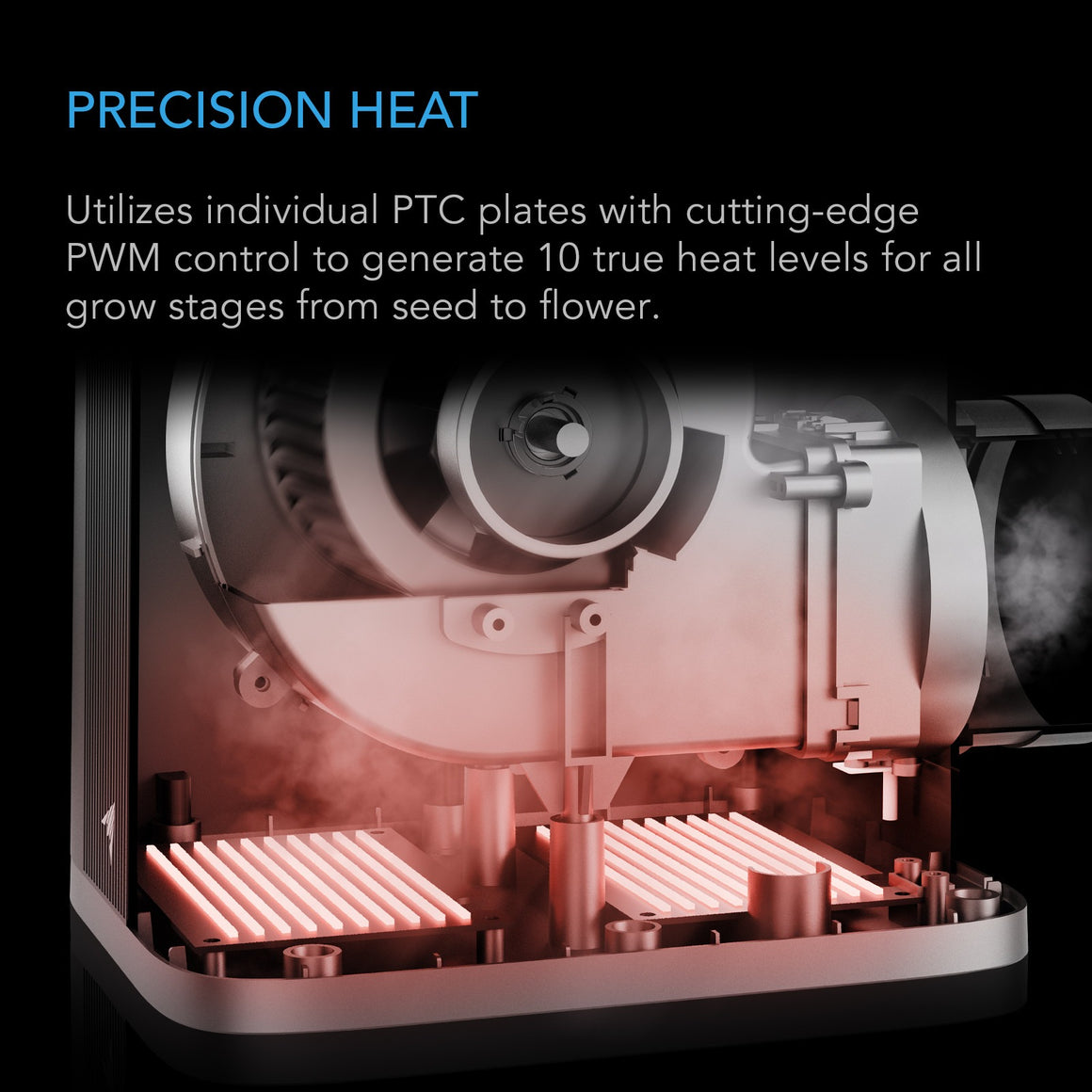 Inside view of a grow tent heater with glowing heating elements.