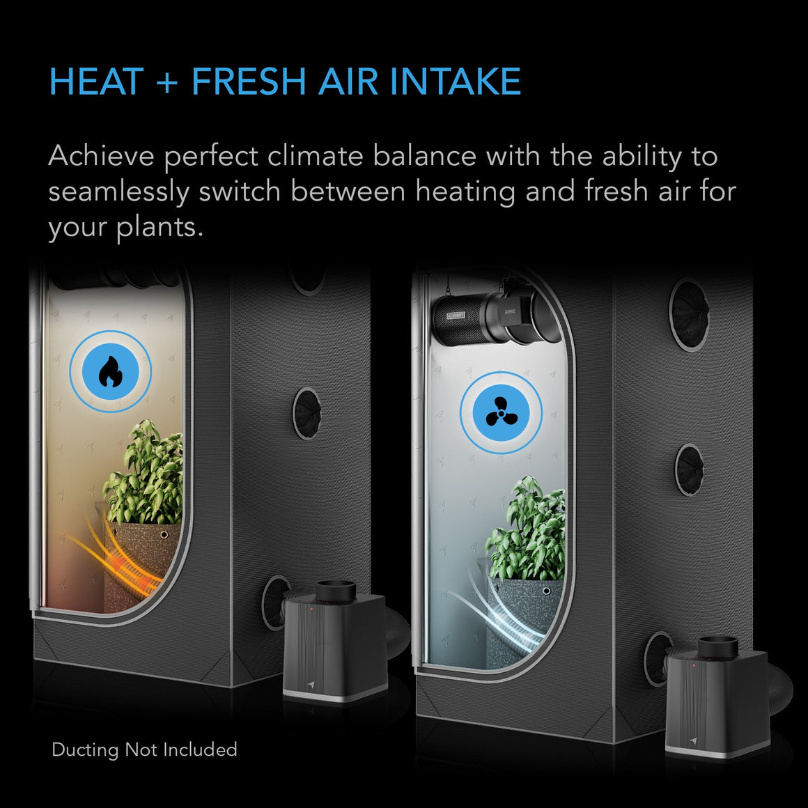 AC Infinity S7 air conditioner for grow tents, showing heating and fresh air intake modes with plants.