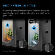 AC Infinity S7 air conditioner for grow tents, showing heating and fresh air intake modes with plants.