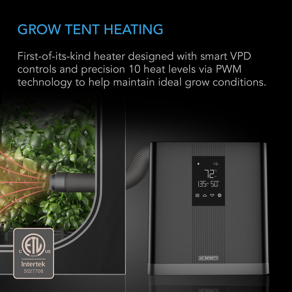 AC Infinity Thermo-Forge T3 grow tent heater with digital display, showing 72°F and 50% humidity, used in a grow tent.