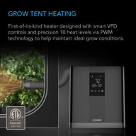 AC Infinity Thermo-Forge T3 grow tent heater with digital display, showing 72°F and 50% humidity, used in a grow tent.