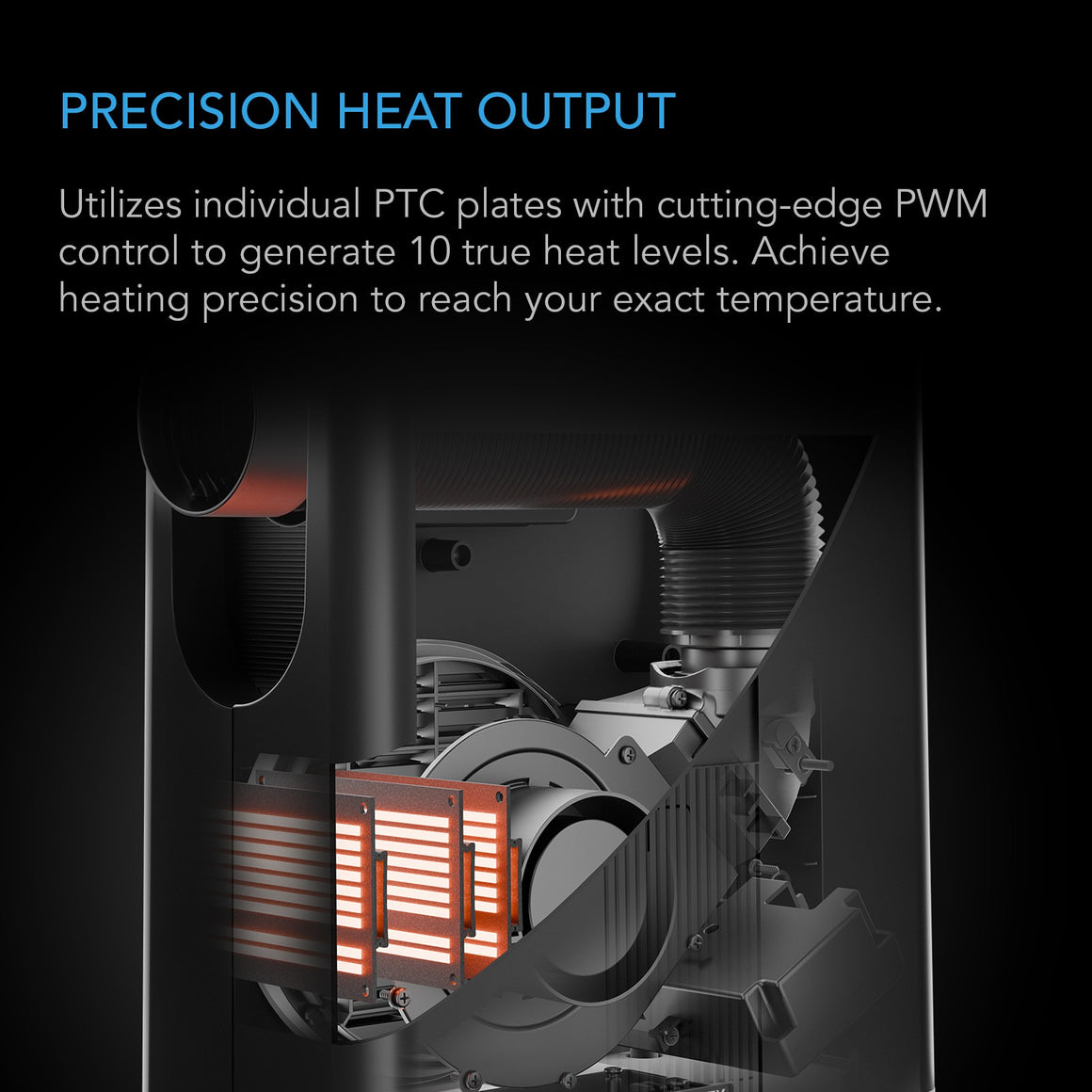Internal view of AC Infinity Thermoforge T3 showing PTC heating plates, fan, and internal mechanisms.