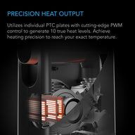 Internal view of AC Infinity Thermoforge T3 showing PTC heating plates, fan, and internal mechanisms.