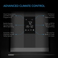 AC Infinity ThermoForge T3 air conditioner display showing temperature, humidity, and mode controls, with feature callouts.