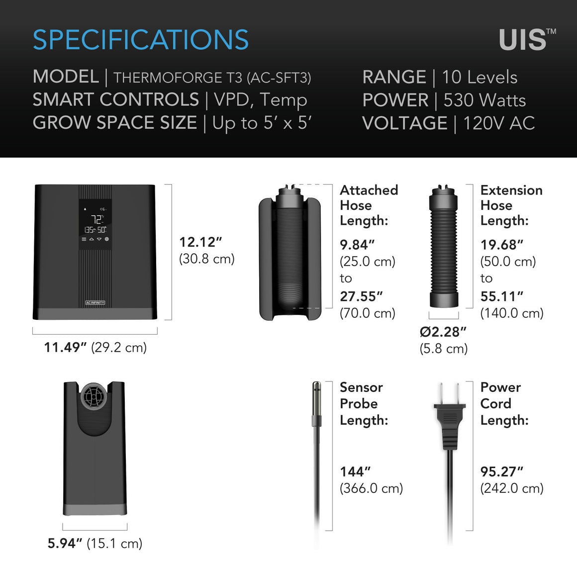 AC Infinity Thermoforge T3 specs: device & hose dimensions, sensor probe, power cord, and voltage.