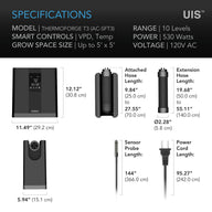 AC Infinity Thermoforge T3 specs: device & hose dimensions, sensor probe, power cord, and voltage.