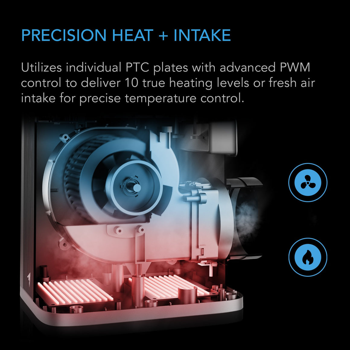 Cutaway of air conditioner fan with heating elements glowing red and blue airflow.