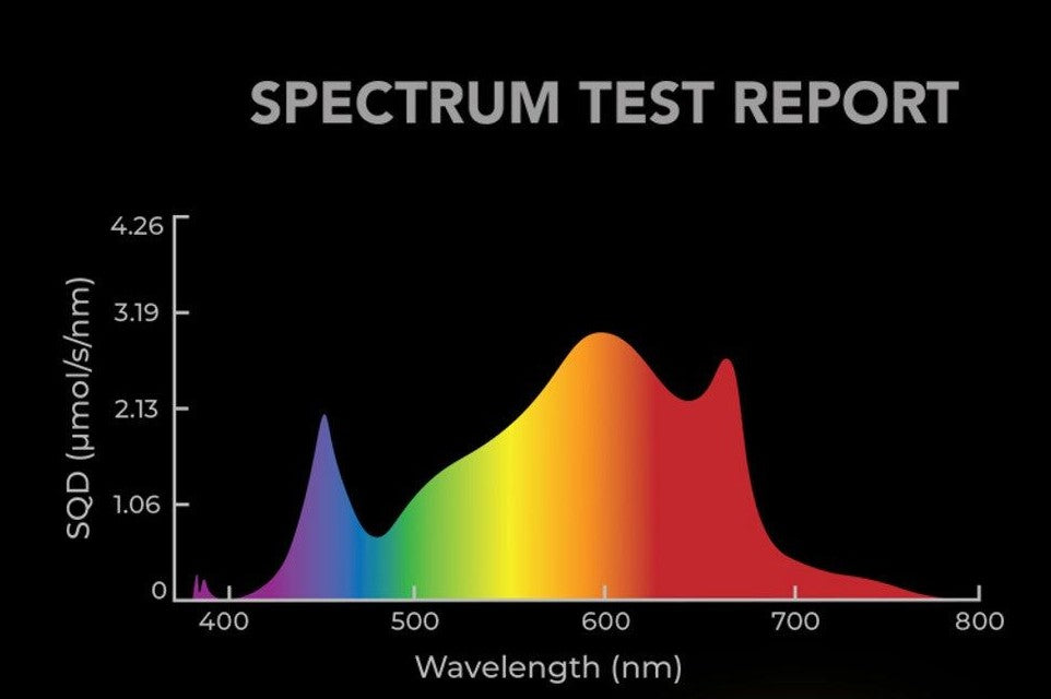 Spectrum test report for AC Infinity Ionframe EVO10 1000W grow light. Shows spectrum distribution with peaks in blue, green, yellow, orange, and red wavelengths.