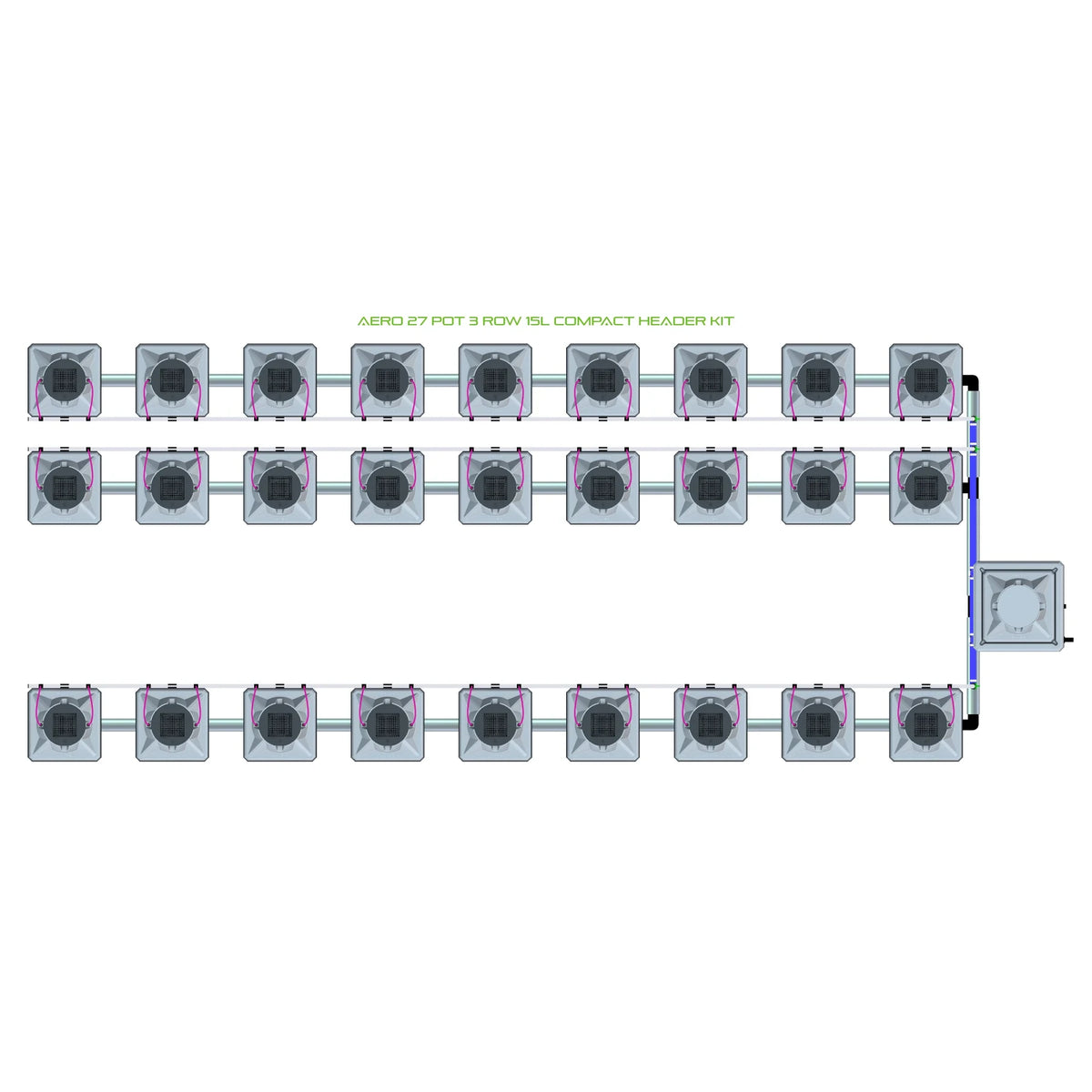 AERO 27 POT 3 ROW 15L COMPACT HEADER KIT diagram showing 27 square pots in 3 rows connected to a reservoir.
