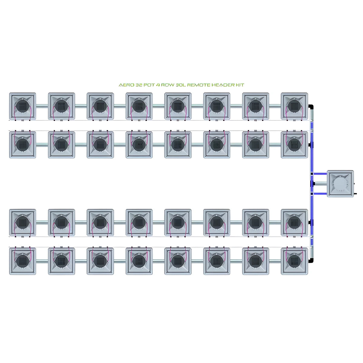 Overhead view of AERO 32 POT 4 ROW 30L REMOTE HEADER KIT: 32 square hydroponic pots, 4 rows, connected by piping.