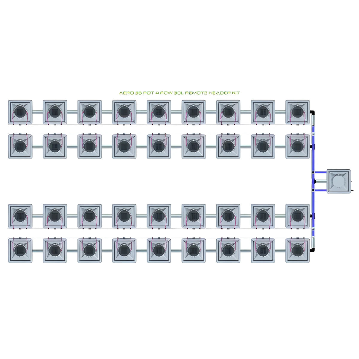 AERO 36 pot 4 row 30L remote header kit diagram: 36 square aeroponic pots linked by grey pipes and main reservoir.